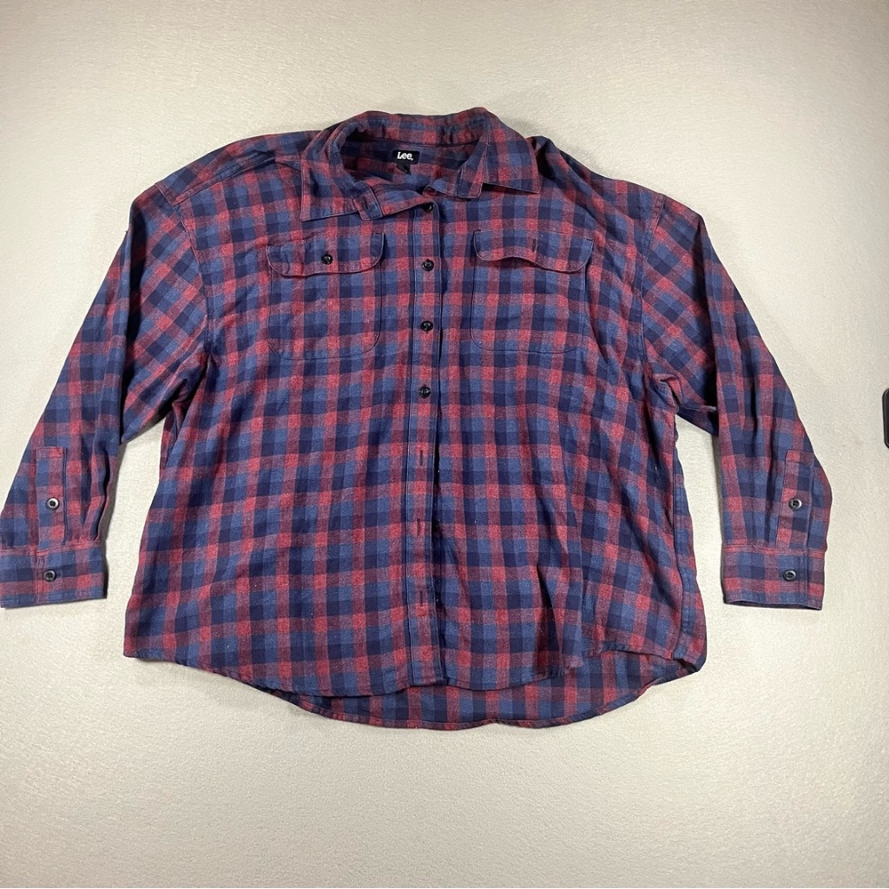 Lee Button-Up Dress Shirt Red/Blue Stripe Size L